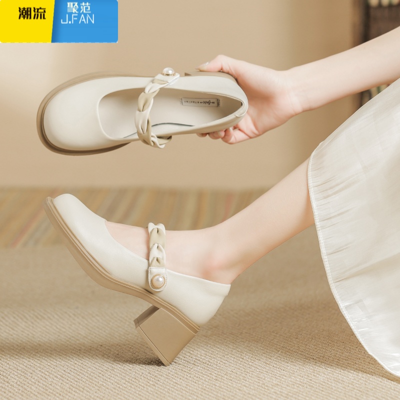 聚范玛丽珍女鞋子2024新款夏季粗跟高跟鞋配裙子小皮鞋仙女温柔风单鞋 杏色5.5厘米 40