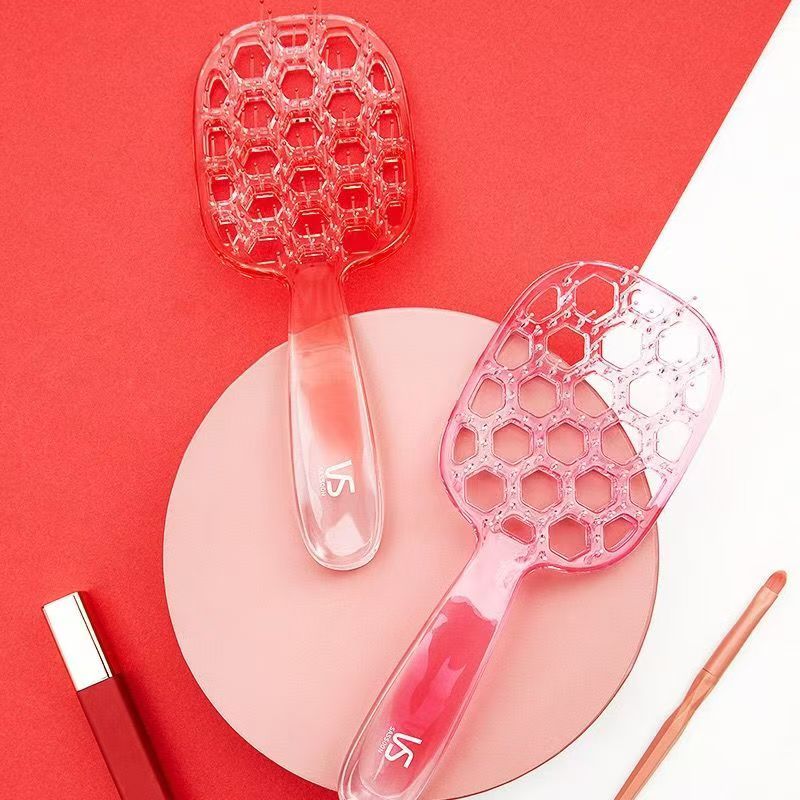 沙宣梳子防静电软针排骨梳顺直发梳镂空干湿两用按摩梳 沙宣樱桃粉发梳高清大图