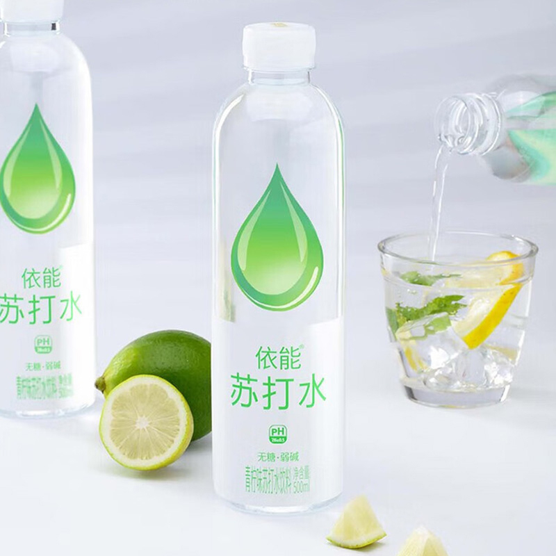 依能苏打水饮料无糖无汽弱碱饮用水苏打水青柠味500ml*12瓶