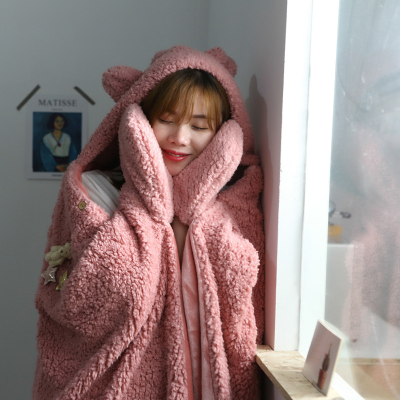 美帮汇秋冬新款羊羔绒连帽斗篷披肩毯法兰绒加厚保暖可穿戴成人披风高清大图