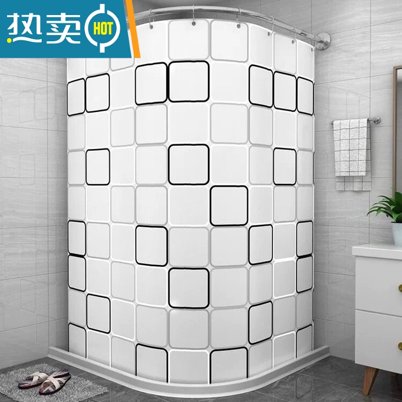 敬平卫生间磁性隔断挡水条浴帘布套装防水免打孔弧形杆浴室帘干湿分离 大方格加厚防水 伸缩B款杆+浴帘+磁性挡水条