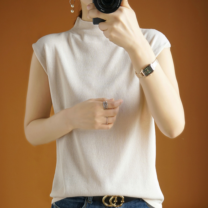 yibusheng棉麻短袖t恤女夏季薄款落肩洋气上衣冰丝半高领无袖针织打底