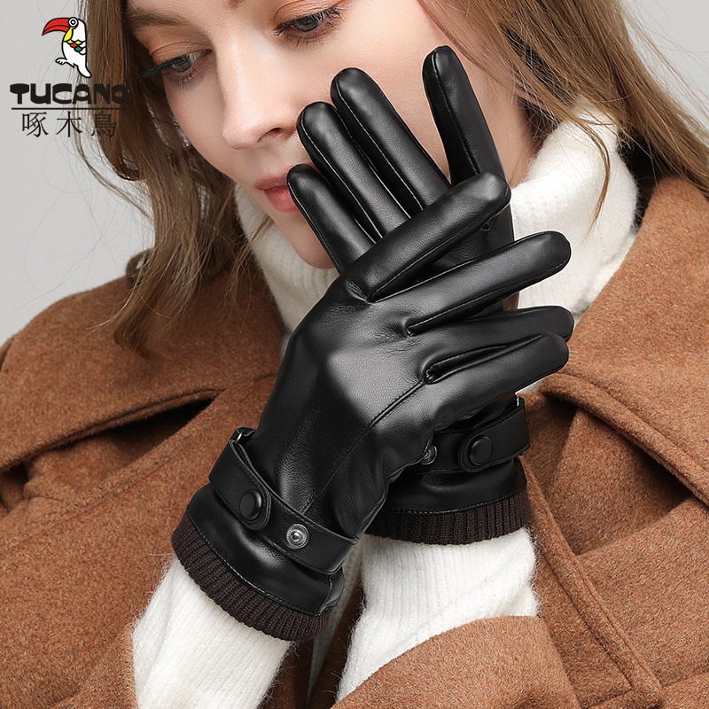 啄木鸟皮手套女冬季加绒加厚防风防水触屏保暖摩托电动车骑行手屏高清大图