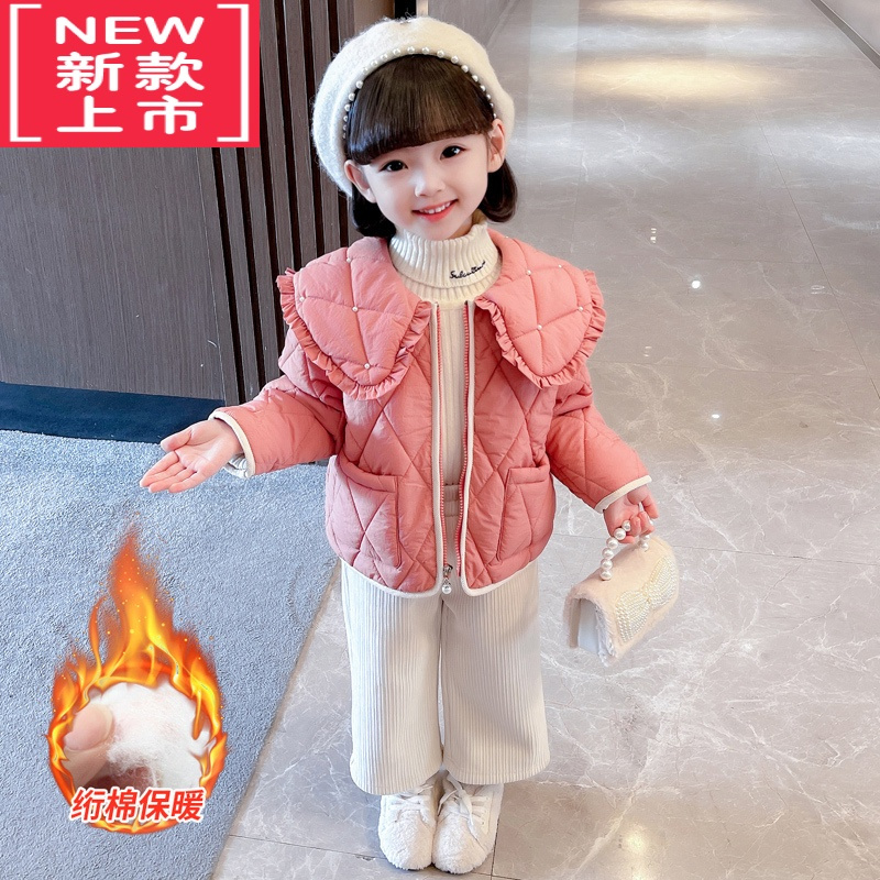 可莉允女童冬款加厚棉服女宝宝洋气娃娃领棉袄秋冬时髦韩版上衣外套冬装