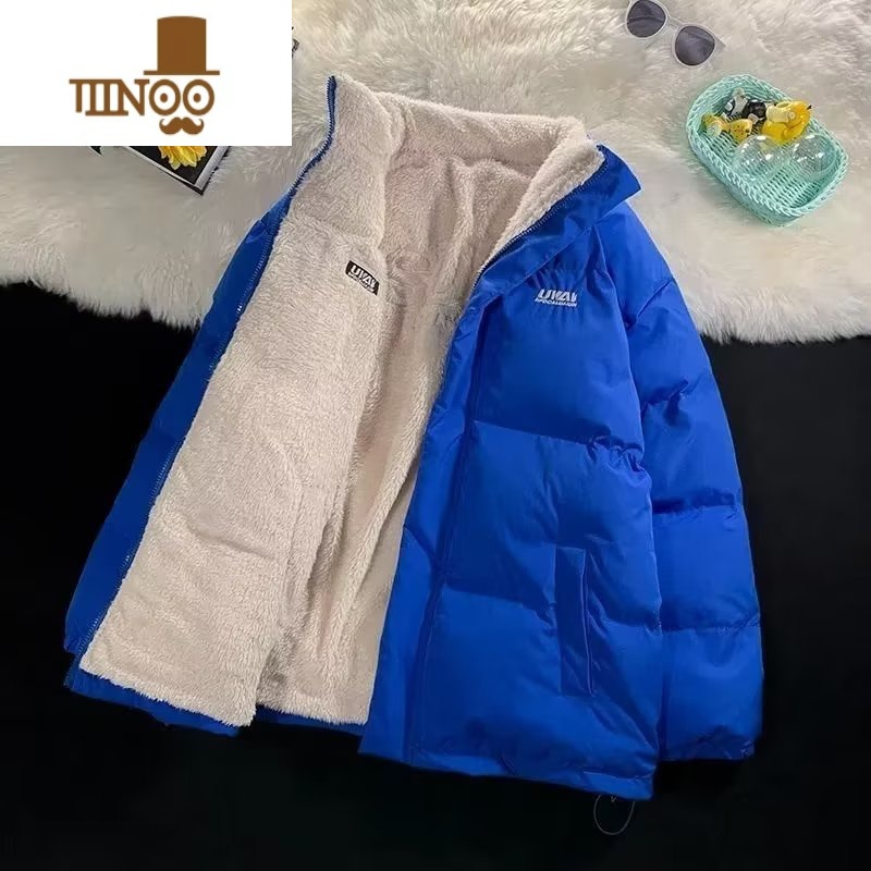 YANXU克莱因蓝情侣羽绒服男女冬季ins加厚面包服双面穿羔毛情侣外因 2XL 710蓝色
