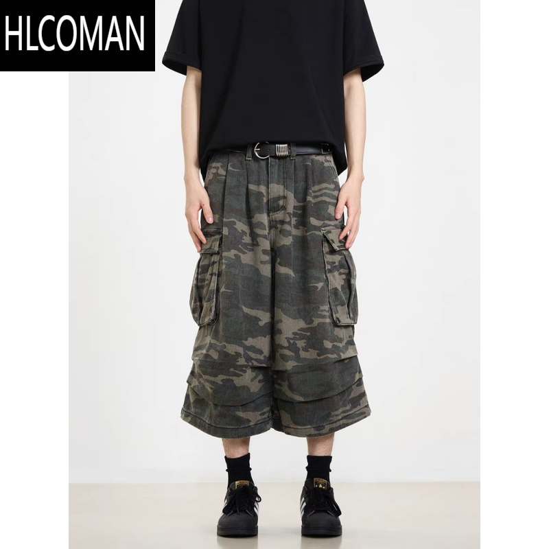 HLCOMAN夏季美式口袋阔腿迷彩工装短裤男女新款潮牌宽松休闲七分裤牛仔裤