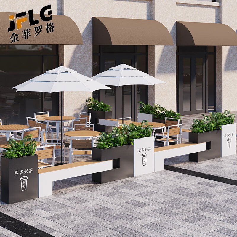 苏宁 金菲罗格 办公家具 户外镀锌板花箱防腐木坐凳座椅组合 花箱座椅210-230CM组合高清大图