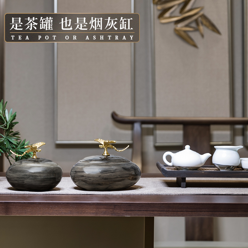 新中式陶瓷轻奢小摆件样板房间客厅玄关酒柜软装饰品茶室桌面摆设 三维工匠 墨色蜻蜓储物罐大号高清大图