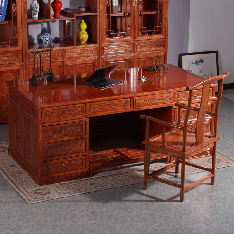 欧若凡中式实木老板桌大班台仿古办公桌榆木书桌椅组合明清家具写字桌