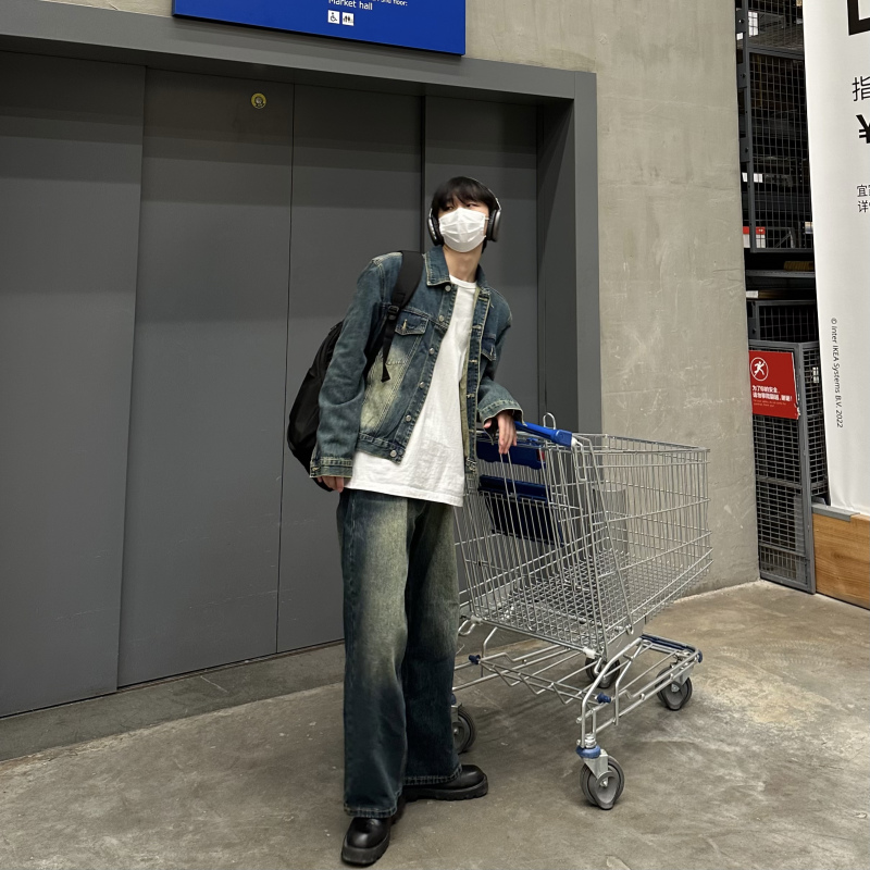 YANXUALCF新品复古做旧牛仔外套潮流直筒牛仔裤套装