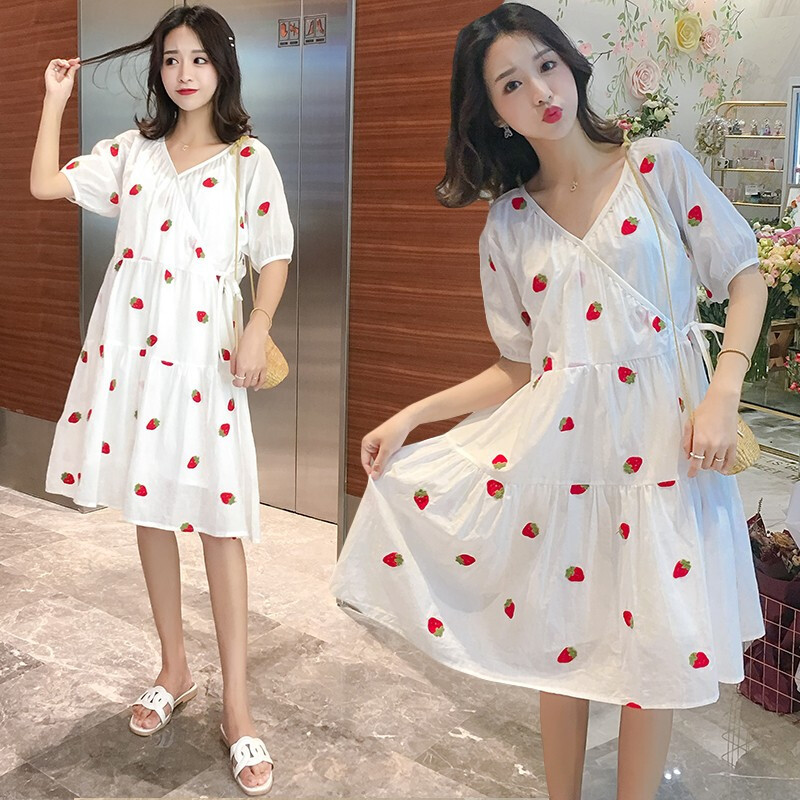 迪鲁奥(DILUAO)孕妇装夏装外出2021新款V领显瘦孕妇连衣裙中长款时尚潮妈孕妇裙子夏季宽松透气 白色