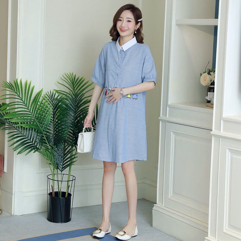 迪鲁奥(DILUAO)孕妇连衣裙夏天新款时尚短袖衬衫裙中长款外出休闲孕妇裙A字裙夏 蓝色图片