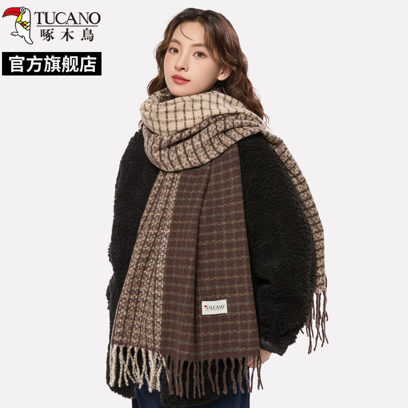 啄木鸟2024冬新款双面棕色格子围巾女保暖高级感韩版加厚保暖围面高清大图