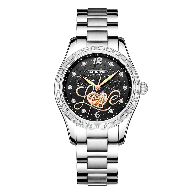 新款正品瑞士嘉年华CARNIVAL手表女士陶瓷全自动机械表 女表进口机芯时尚夜光防水镶钻镂空表H8759G 本色黑面钢带