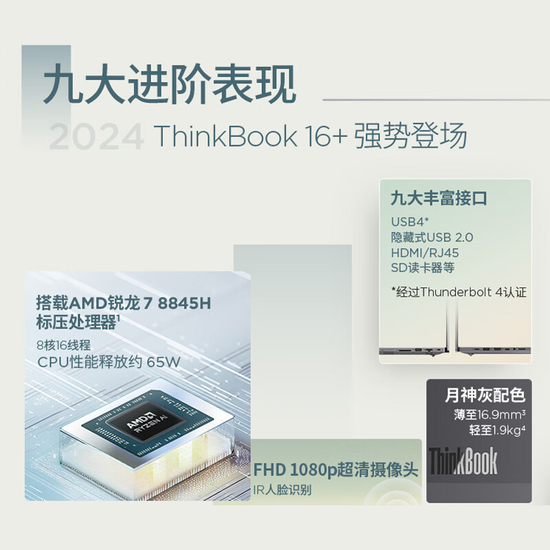 ThinkPad联想ThinkBook 16+ 2024 AMD锐龙标压笔记本电脑 16英寸标压轻薄办公本(R7-8845H 32G 2T 2.5K 120Hz)
