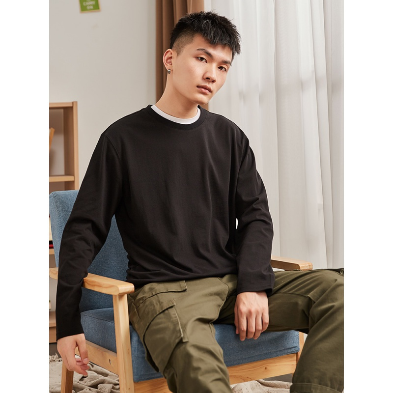 唐狮长袖T恤男装秋季纯色打底衫上衣宽松白色in潮牌衣服