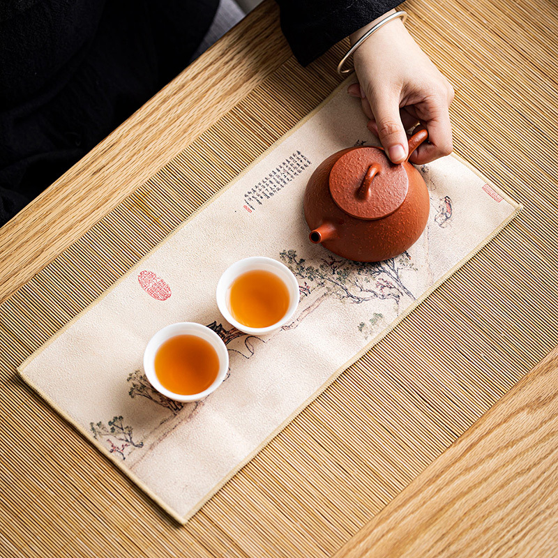 領藝 优选棉麻吸水茶巾茶道配件灰色桌布抹布复古中式百搭茶垫 彩绘柔方茶巾2条装(瑞鹤图+玉带桥)