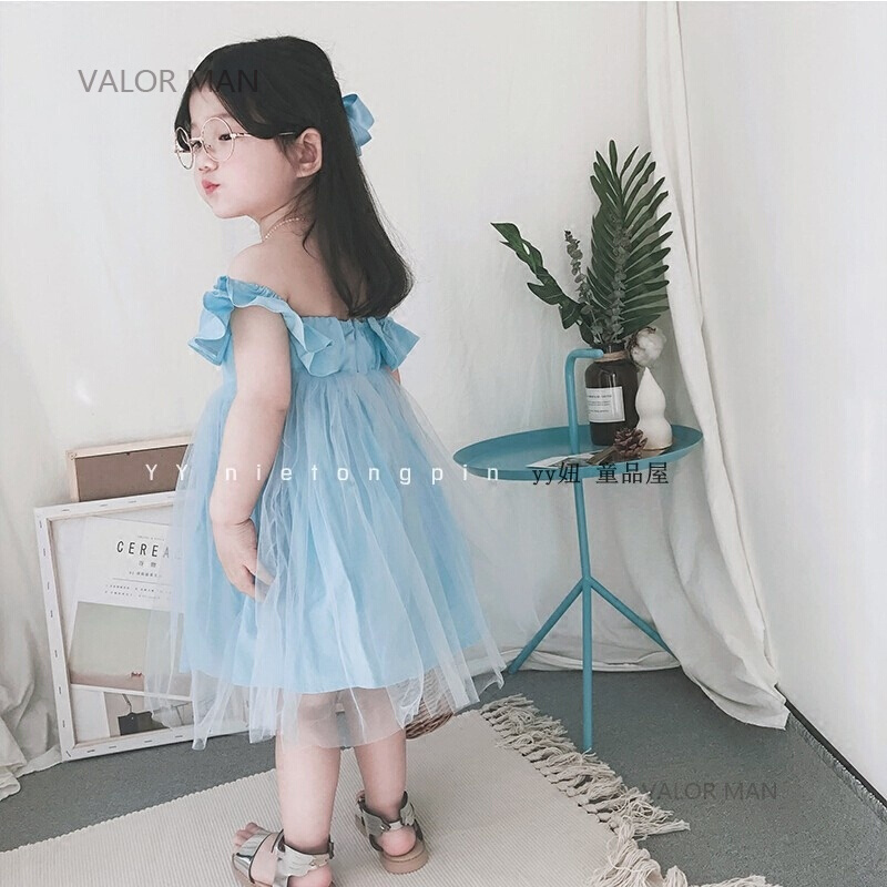儿童小飞袖连衣裙2018夏季新款女童蓬蓬纱裙公主高腰长裙礼服裙天蓝色