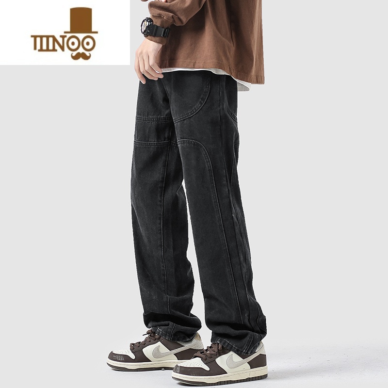 YANXU黑色高街牛仔裤男新款美式水洗直筒裤潮牌ins宽松阔腿休闲长裤筒高清大图