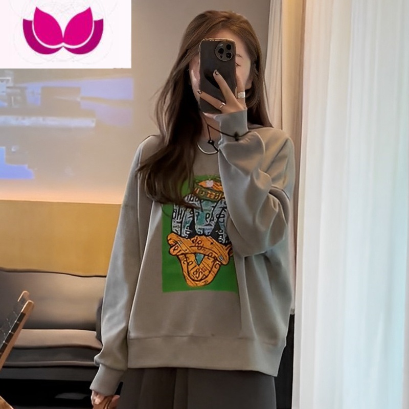 七斓港味炸街卫衣套装女秋装新款洋气设计感印花上衣百褶半身裙套 灰色卫衣 XL建议120-135斤MM