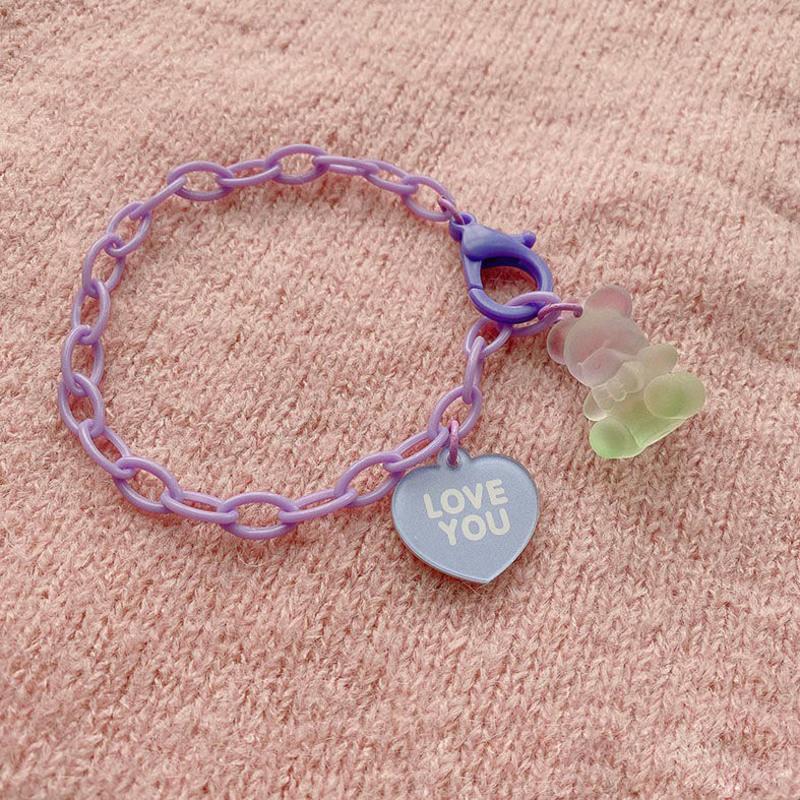 原宿ins磨砂手链小熊软糖情侣手链彩色卡通love可爱少女手链粉色