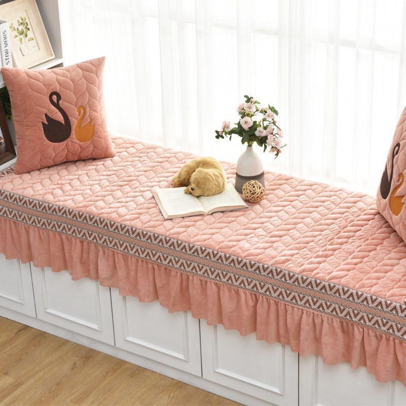 汐岩飘窗垫毛绒窗台垫秋冬阳台垫子飘窗装饰可定制防滑榻榻米垫美式 裙摆无天鹅-肉粉色定制联系客服