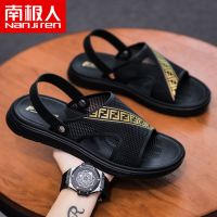 南极人凉鞋2021夏季新款男士凉拖鞋外穿防滑带后跟沙滩鞋一字拖_1 黑金3 42