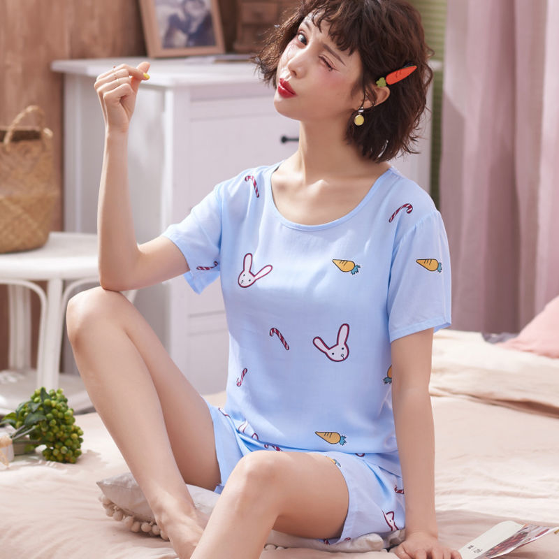 短裤款-蓝萝卜兔 m 70-90 春秋女夏绵绸睡衣女士长袖薄款棉绸套装韩版