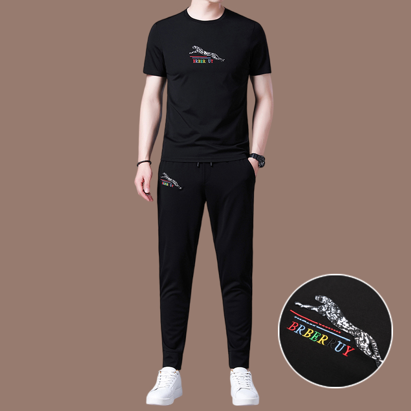 恒源祥桑蚕丝男士休闲运动服套装男短袖帅气搭配潮流冰丝男装夏装 210款黑色 170/L适合体重120-135斤