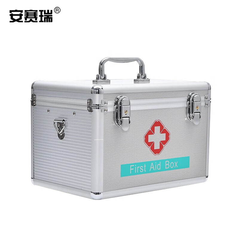 安赛瑞 医药箱 铝合金急救箱 企业家庭卫生应急物资药品箱 带锁 出诊箱 12寸空箱 配肩带 701245
