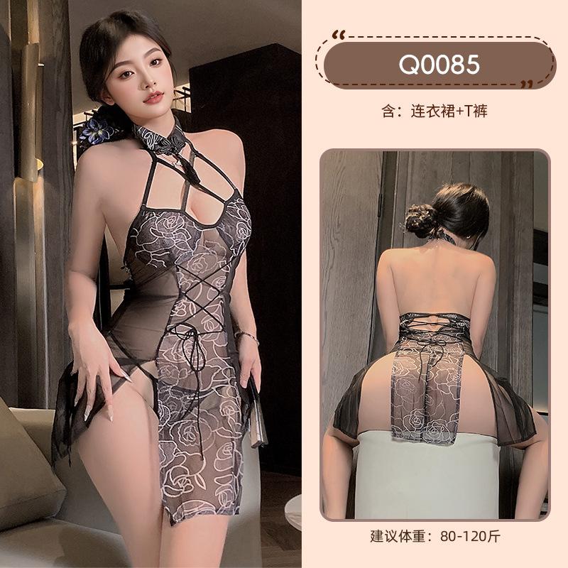 九里晴川情趣内衣女免脱诱惑旗袍镂空透视制服激情套装 九里晴川Q0085【玫瑰吊带裙-黑】 均码