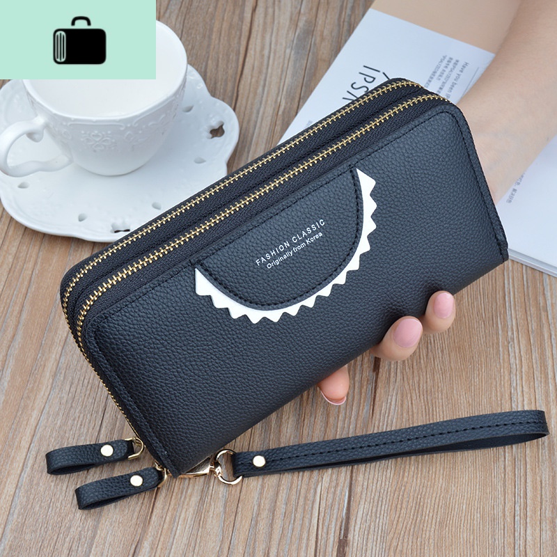 女士双层拉链手拿钱包女长款撞色拼接大容量多功能可放手机手抓包NEW LAKE 黑色半圆