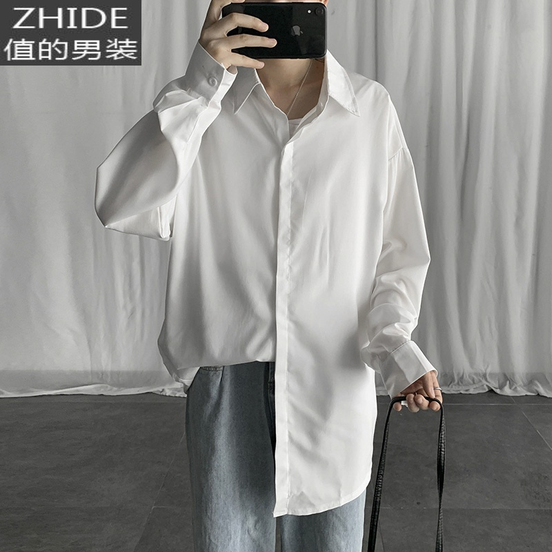 SUNTEK黑暗系男装宽松长袖衬衫男外套韩版潮流百搭休闲秋季衬衣港风寸衫衬衫