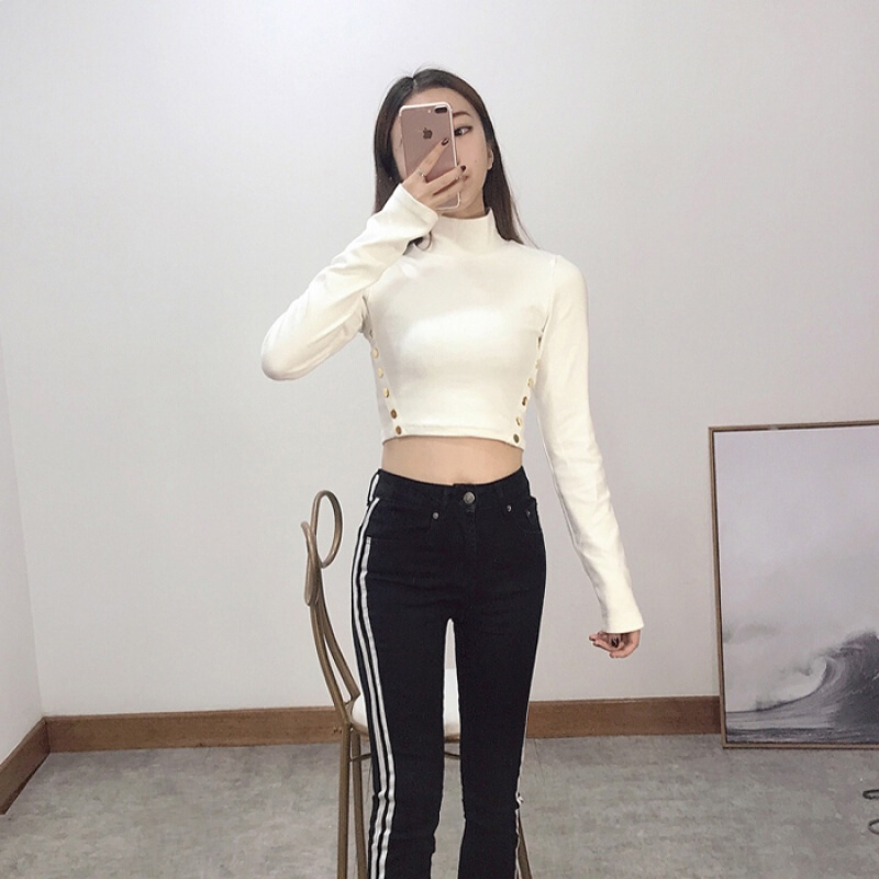 秋季高腰短款性感露脐纯色高领长袖t恤女紧身弹力露肚脐修身上衣