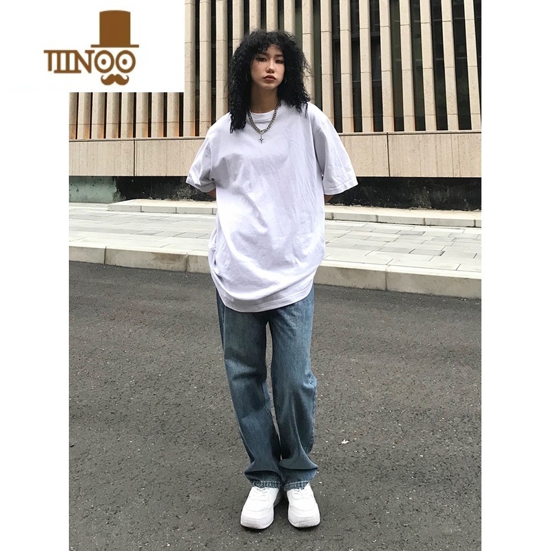 YANXU美式高街复古蓝直筒牛仔裤男潮牌宽松垂感阔腿拖地休闲长裤腿高清大图