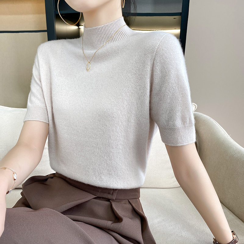 2021年秋新款短袖半高领羊绒超细羊毛衫女薄款纯色修身内搭针织衫