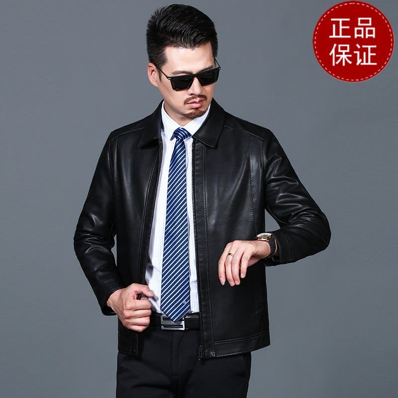 免费试穿 春秋装皮夹克外套男加绒保暖上衣翻领百搭中老年人皮衣休闲男装大码2024冬装新款外套潮海宁软皮夹克大码男装图片