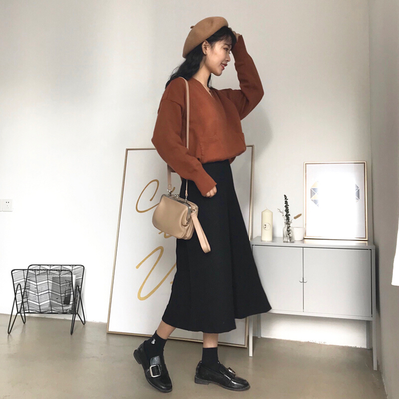 春季新款女装韩版港味复古百搭显瘦高腰半身裙中长款针织裙黑色均码