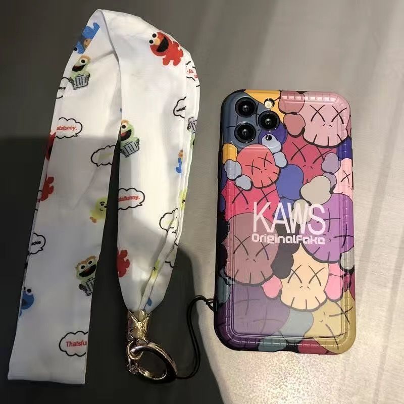 潮牌KAWS芝麻街个性11ProMax XS苹果iphone7 8plus防摔情侣手机壳 彩色满屏KAWS+丝带挂绳 苹