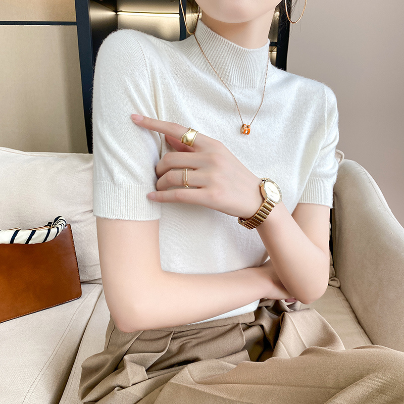2021年秋新款短袖半高领羊绒超细羊毛衫女薄款纯色修身内搭针织衫