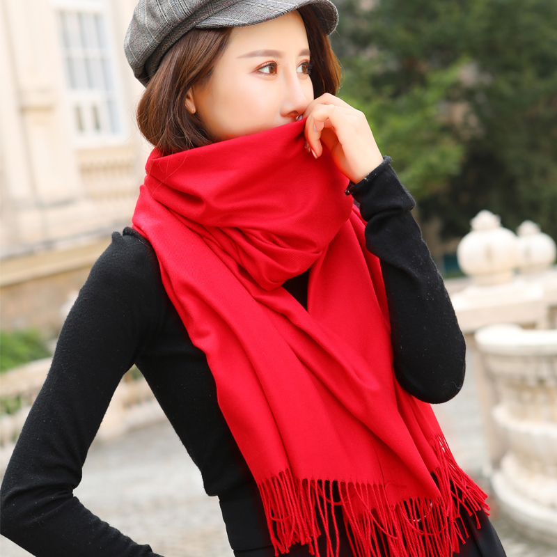 热卖大红色围巾女冬季韩版百搭学生保暖围脖中国红年会活动定制印logo