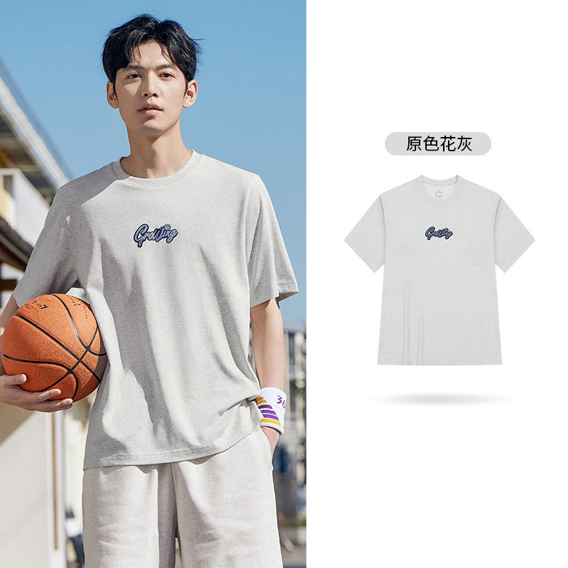 361°运动T恤男女同款夏季透气新款宽松休闲上衣圆领简约短袖 L 原色花灰