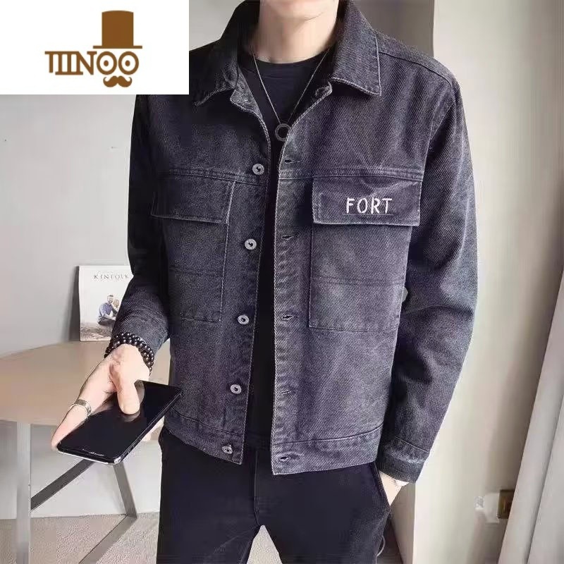 YANXU牛仔外套男士夹克2023新款韩版潮流复古潮牌短款牛仔服褂子高清大图