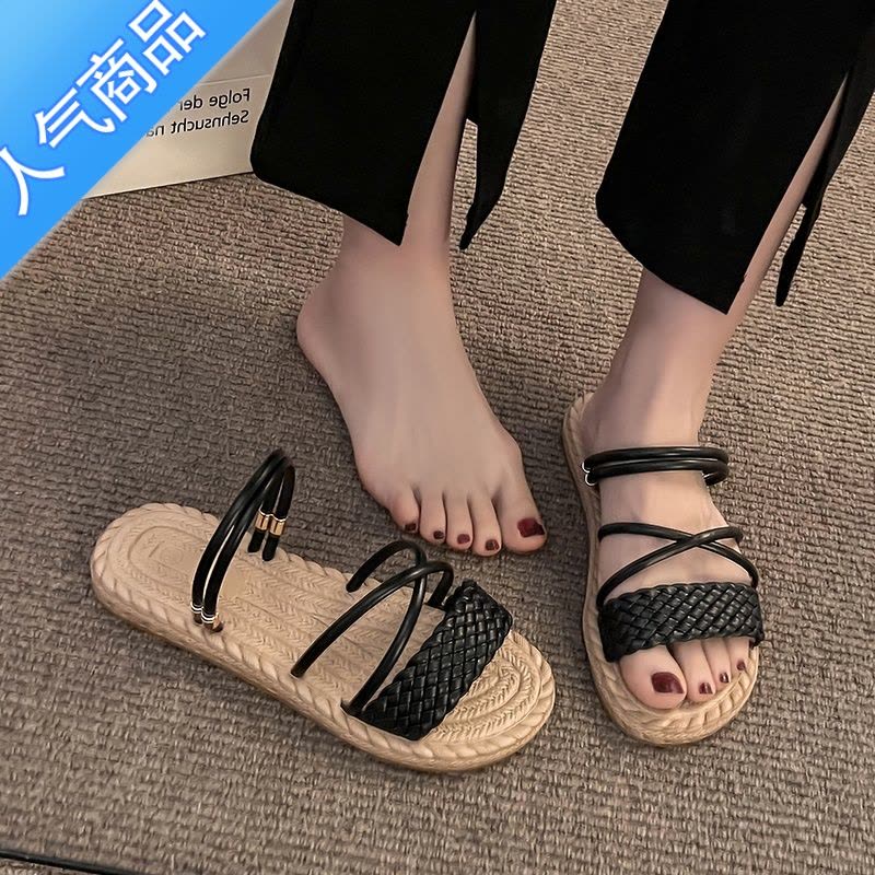 SUNTEK网红时尚拖鞋女外穿2023夏季新款百搭平底可湿水麻花编织罗马凉鞋图片