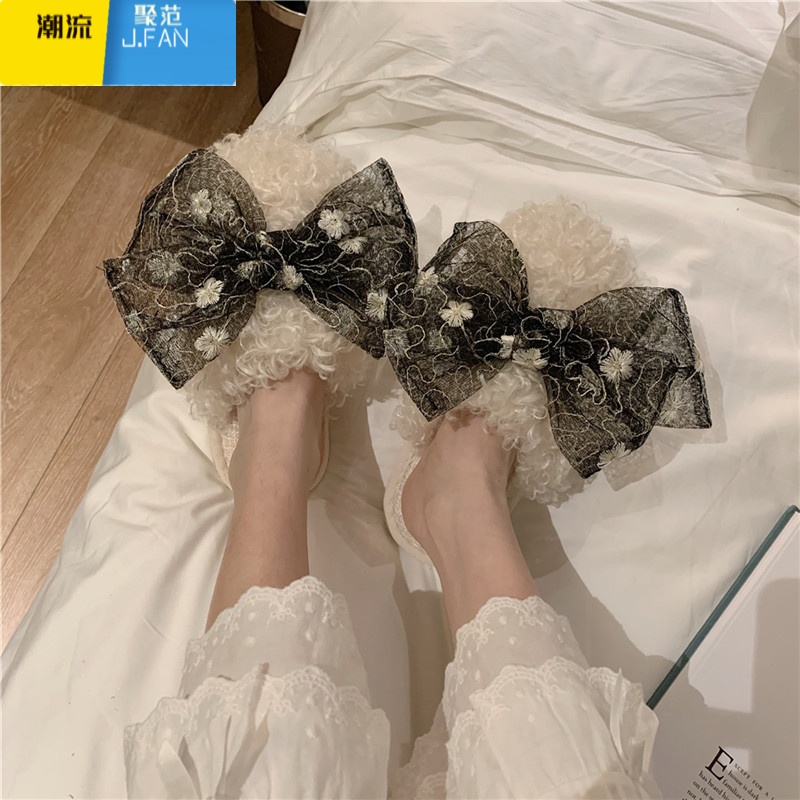 聚范棉拖鞋女韩版时尚居家保暖室内防滑卷毛少女心蝴蝶结棉拖鞋 白色+黑蕾丝花 38-39适合37-38的脚