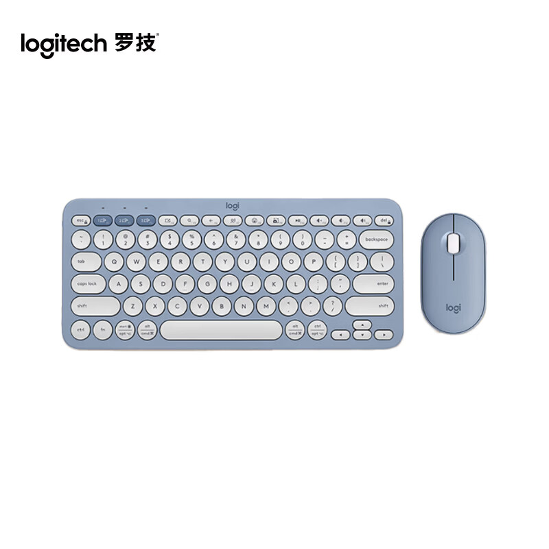 罗技(Logitech)时尚系列新升级 三屏切换 超长续航 K390键盘+PEBBLE2.0鼠标 蓝牙无线蓝色套装