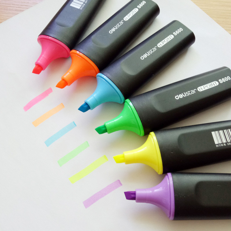 得力delis600彩色圆头荧光笔记号笔涂鸦笔字迹鲜艳彩色醒目标记笔