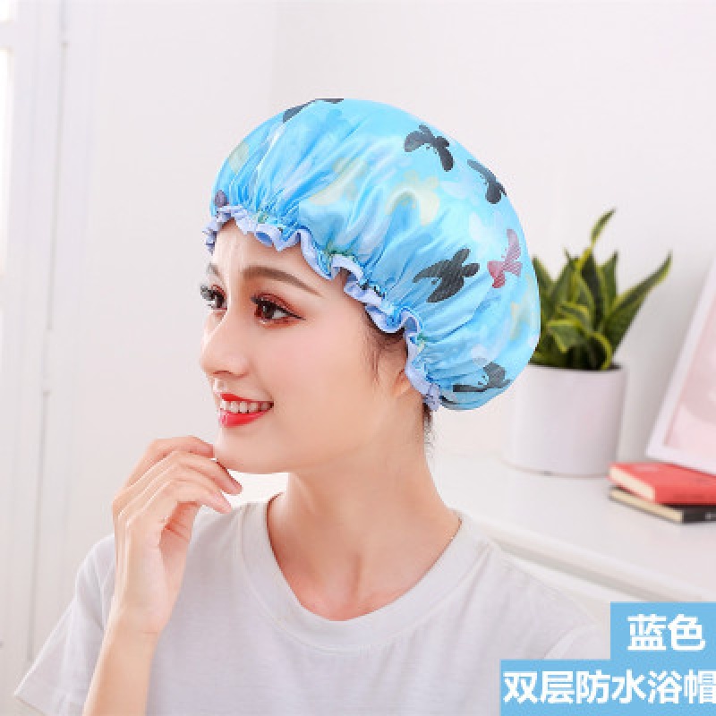 可爱韩版淋浴帽防水成人女款洗澡沐浴长发加厚双层厨房帽子防油烟 三维工匠 蓝色高清大图