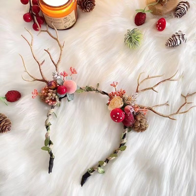 圣诞节头饰女发光头箍发饰压发发卡装扮森系小鹿角发箍麋鹿角发夹 蜜桃松果