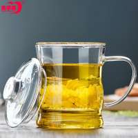 青苹果耐热玻璃杯 380ml办公室茶杯杯茶水分离泡茶杯带把盖花茶杯家用杯子 情侣杯过滤透明花茶杯玻璃水杯